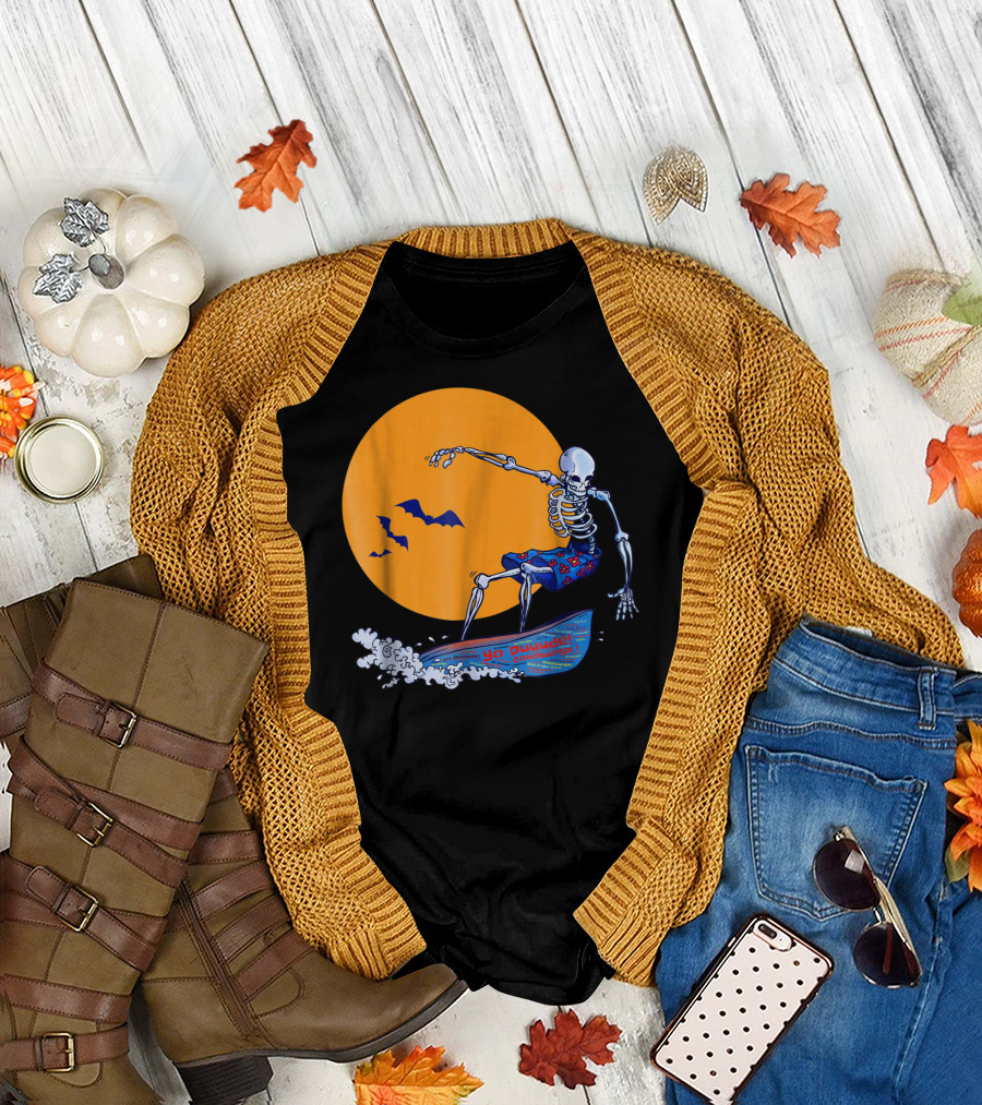 Yo Duuude Cowabunga Creepy Surfing Skeleton with Bats T-Shirt