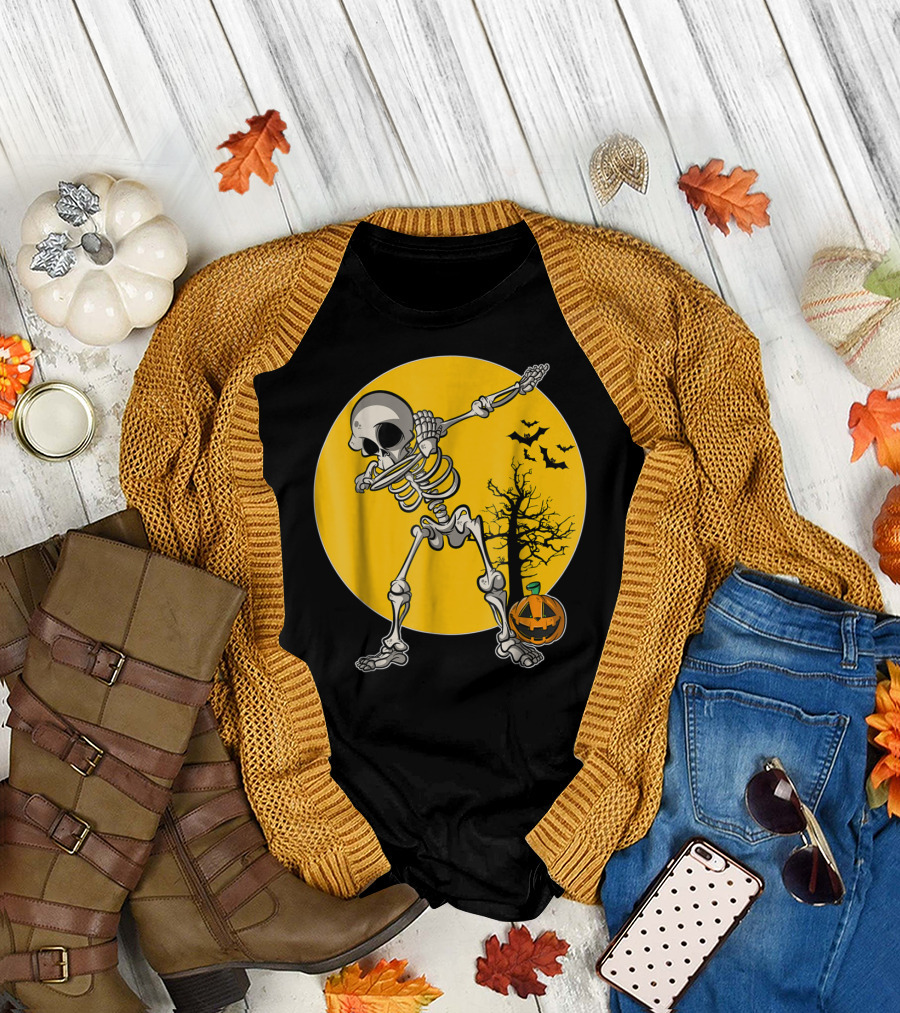 Funny Dabbing Skeleton Halloween Dab Pumpkin Bats Moon T-Shirt