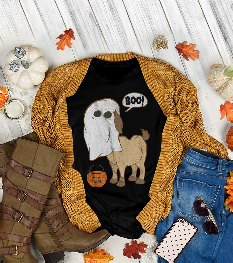 Ghostly Goat Halloween Costume with Pumpkin and Boo Phrase T-Shirt