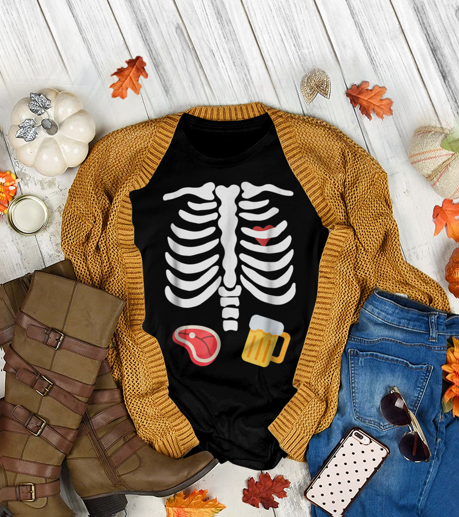 Skeleton Ribs Heart Steak Beer Funny Halloween T-Shirt