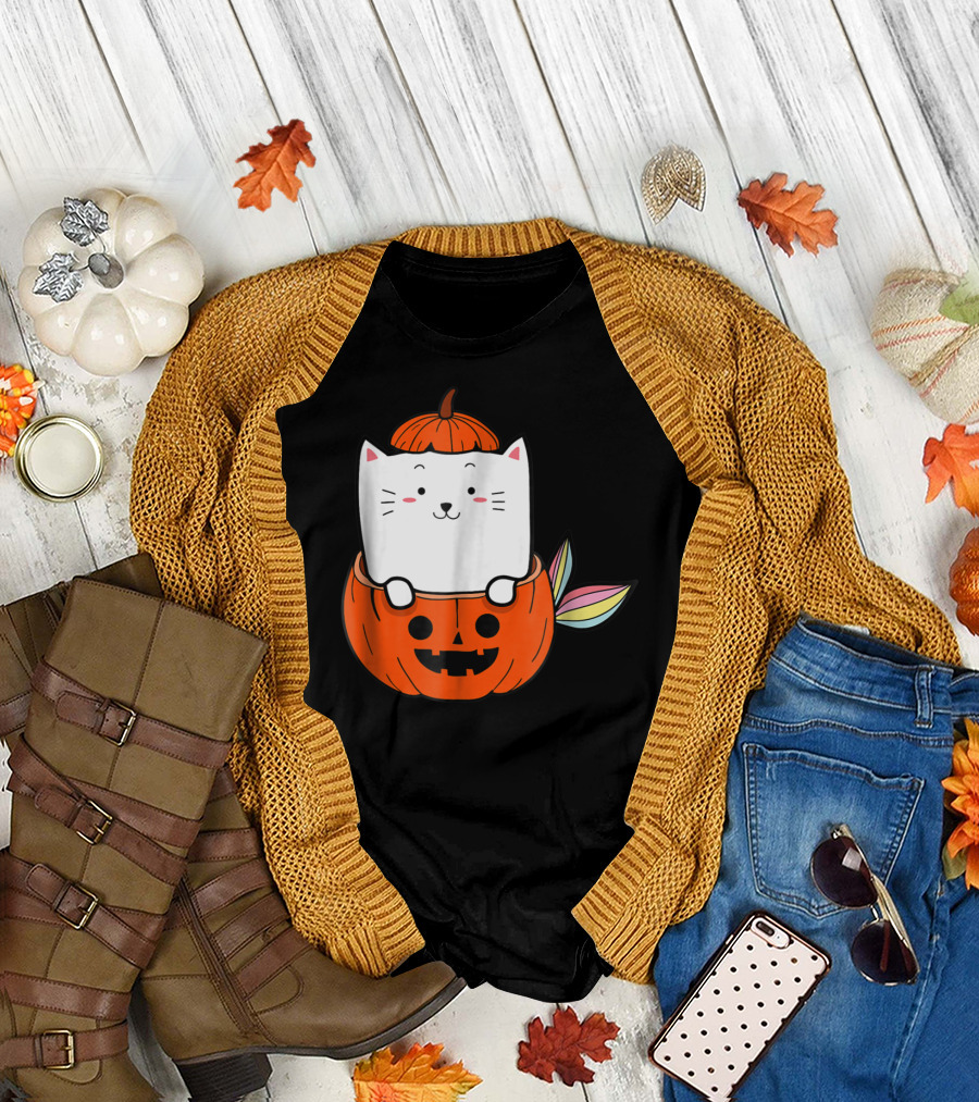 Rainbow Cat Mermaid Inside Halloween Pumpkin Jack-o'-Lantern T-Shirt