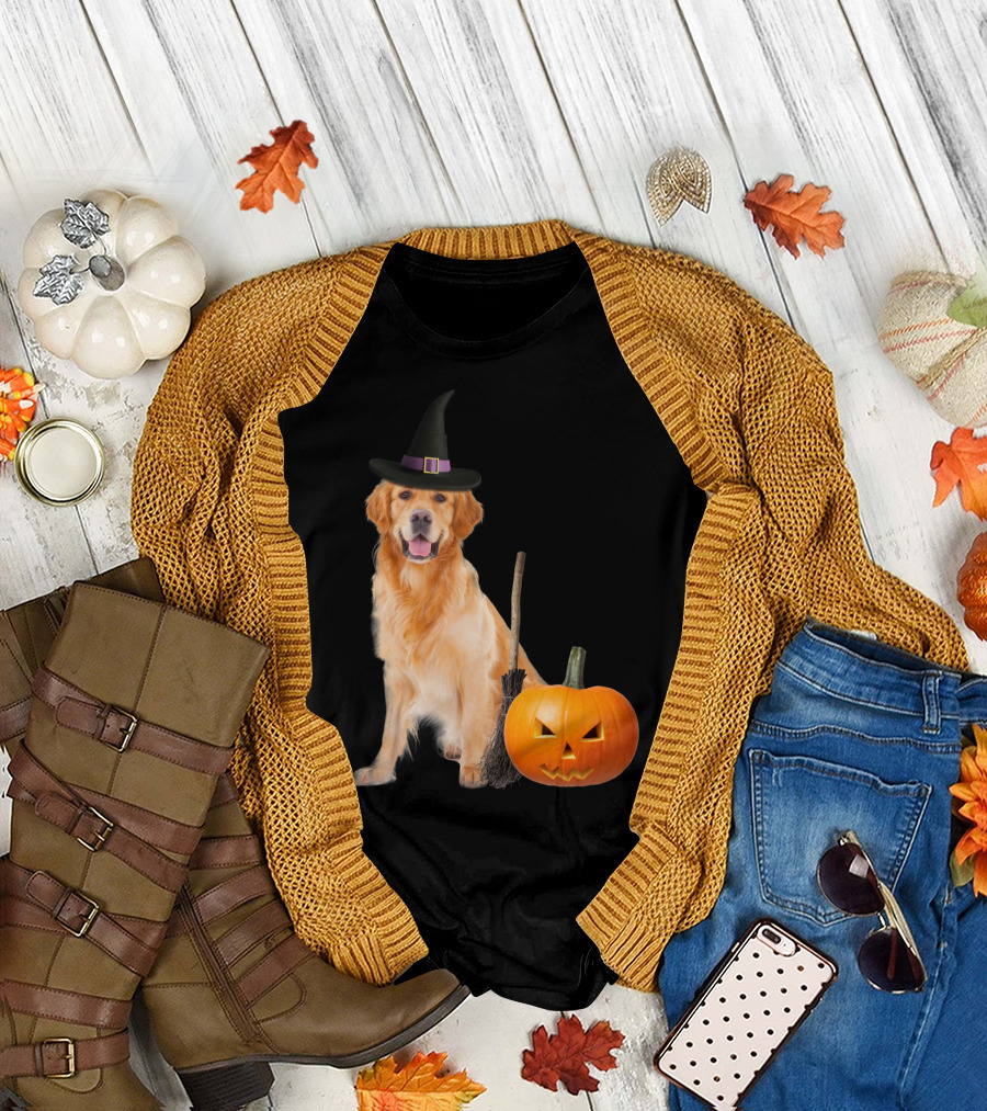 Golden Retriever Witch Hat Halloween Dog with Pumpkin and Broom T-Shirt