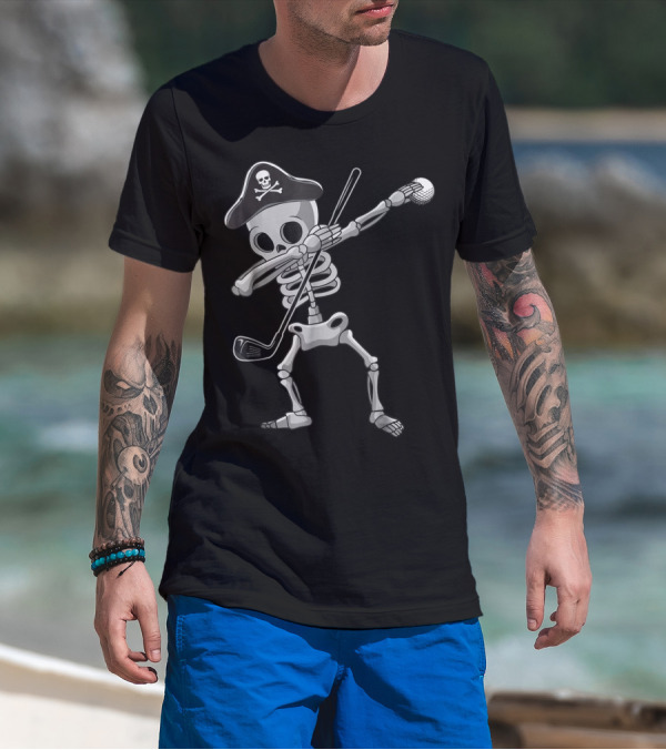 Golf Dabbing Skeleton Pirate Hat Skull Crossbones T-Shirt