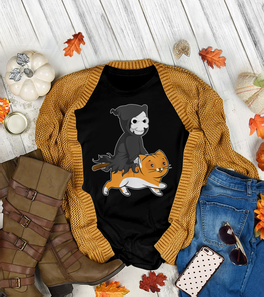 Grim Reaper Riding Cute Cat with Scythe in Hand T-Shirt