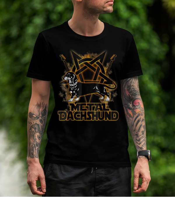 Hail Satan Metal Dachshund Rock N Roll Pentagram Guitars T-Shirt