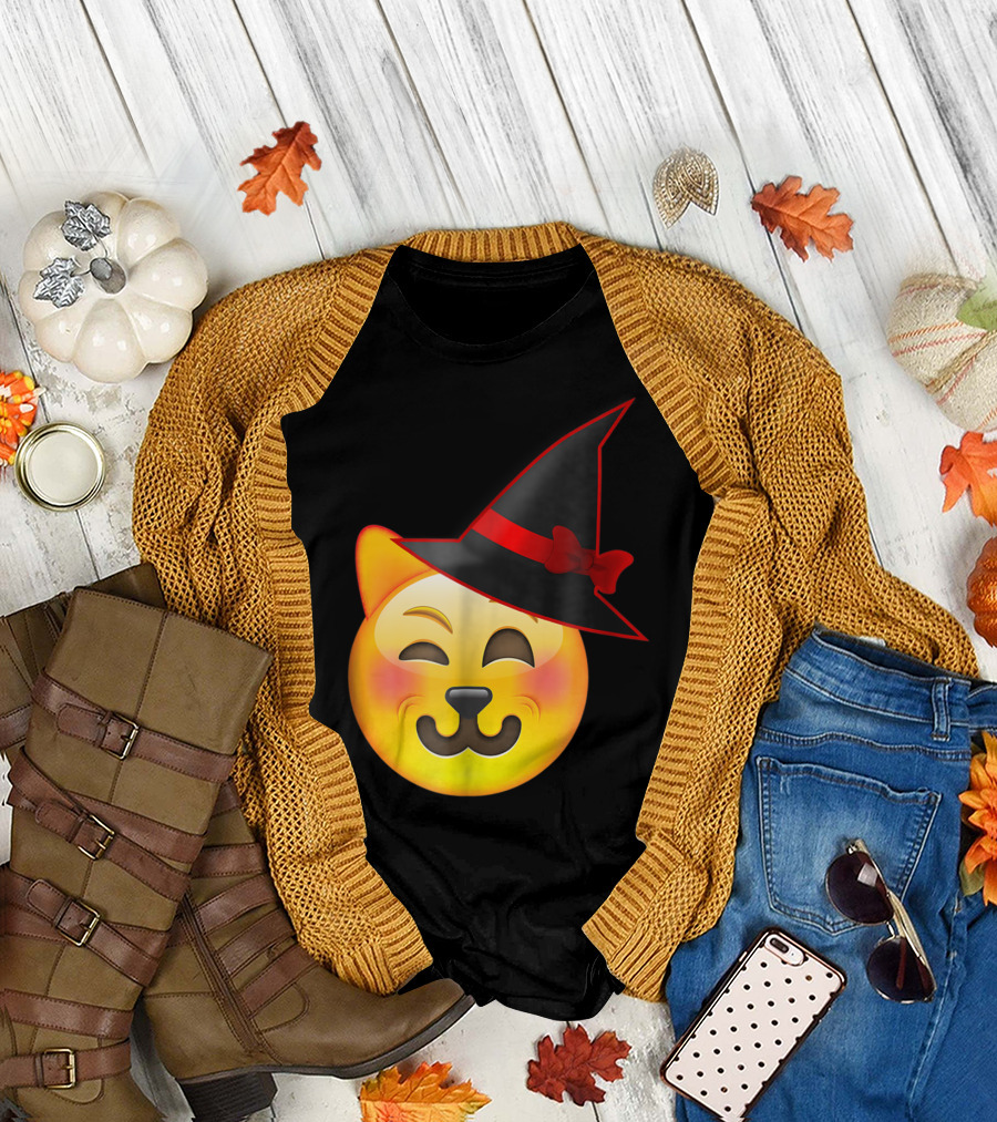 Halloween Winking Cat Emoji Witch Hat T-Shirt
