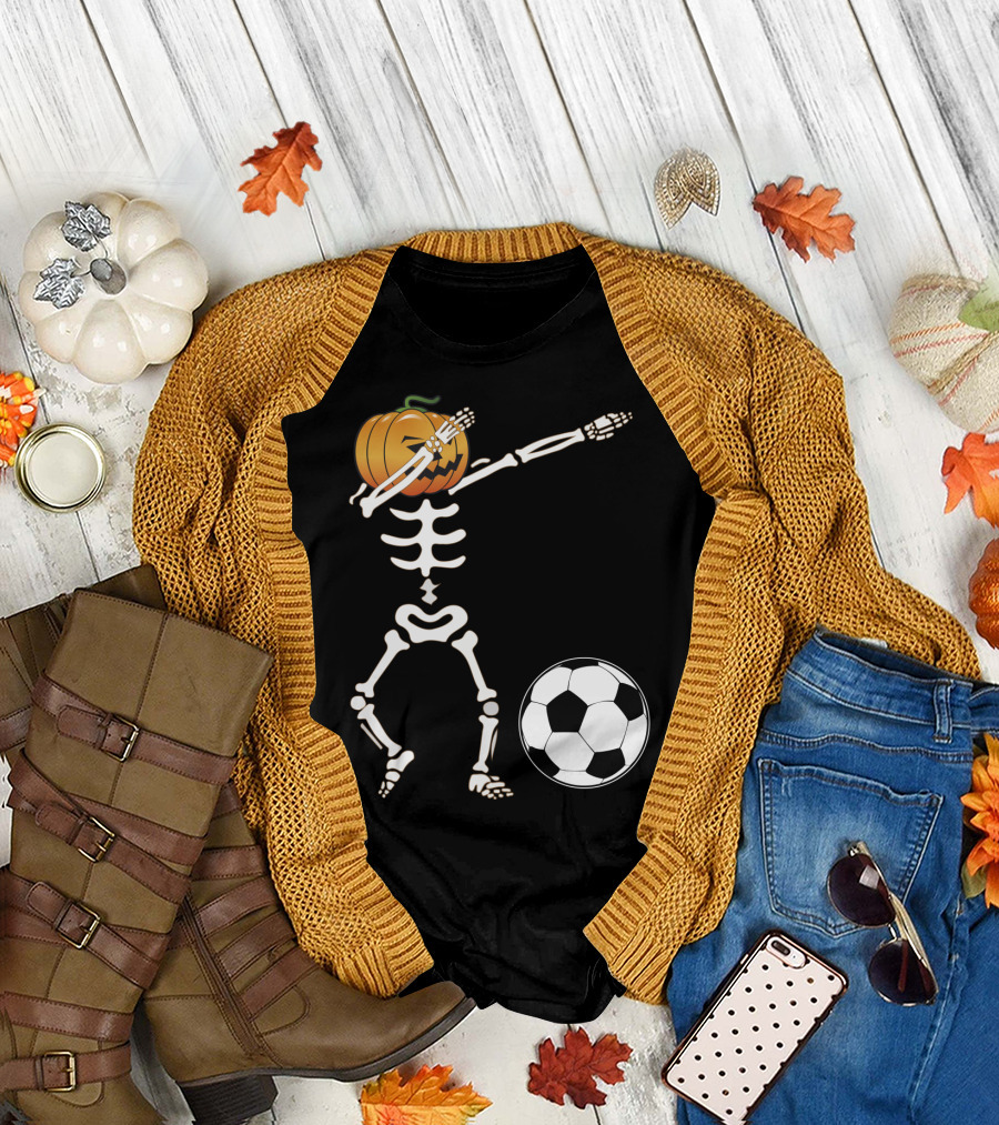 Halloween Dabbing Skeleton Pumpkin Head and Soccer Ball T-Shirt