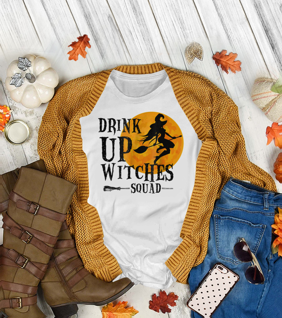 Drink Up Witches Squad Halloween Moon Broomstick T-Shirt
