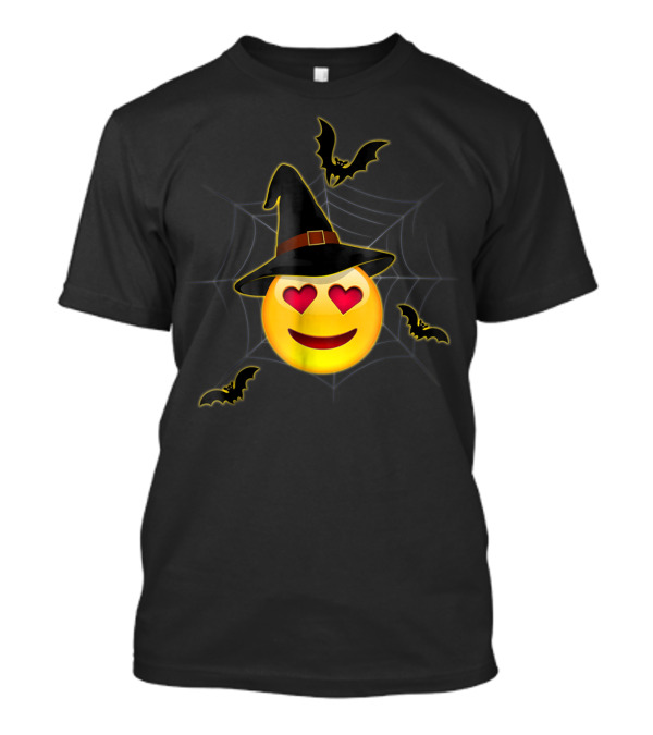 Halloween Smiling Face Emoji With Witch Hat And Heart Eyes Surrounded By Bats And Spider Web T-Shirt