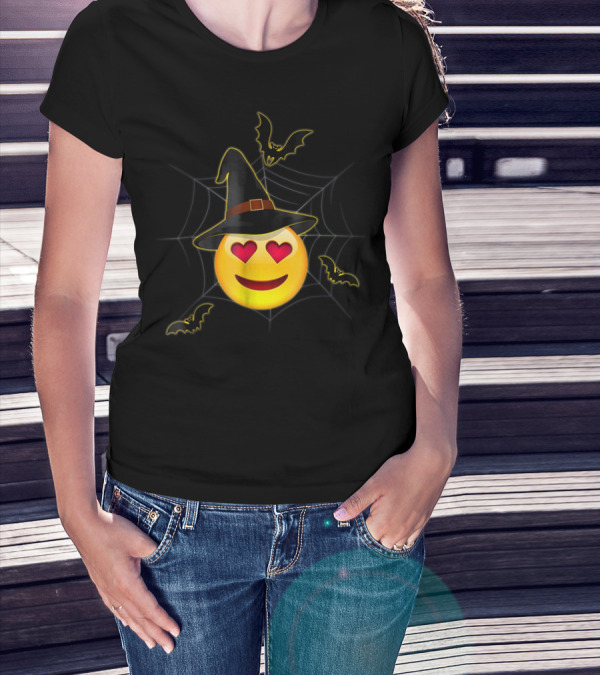 Halloween Smiling Face Emoji With Witch Hat And Heart Eyes Surrounded By Bats And Spider Web T-Shirt
