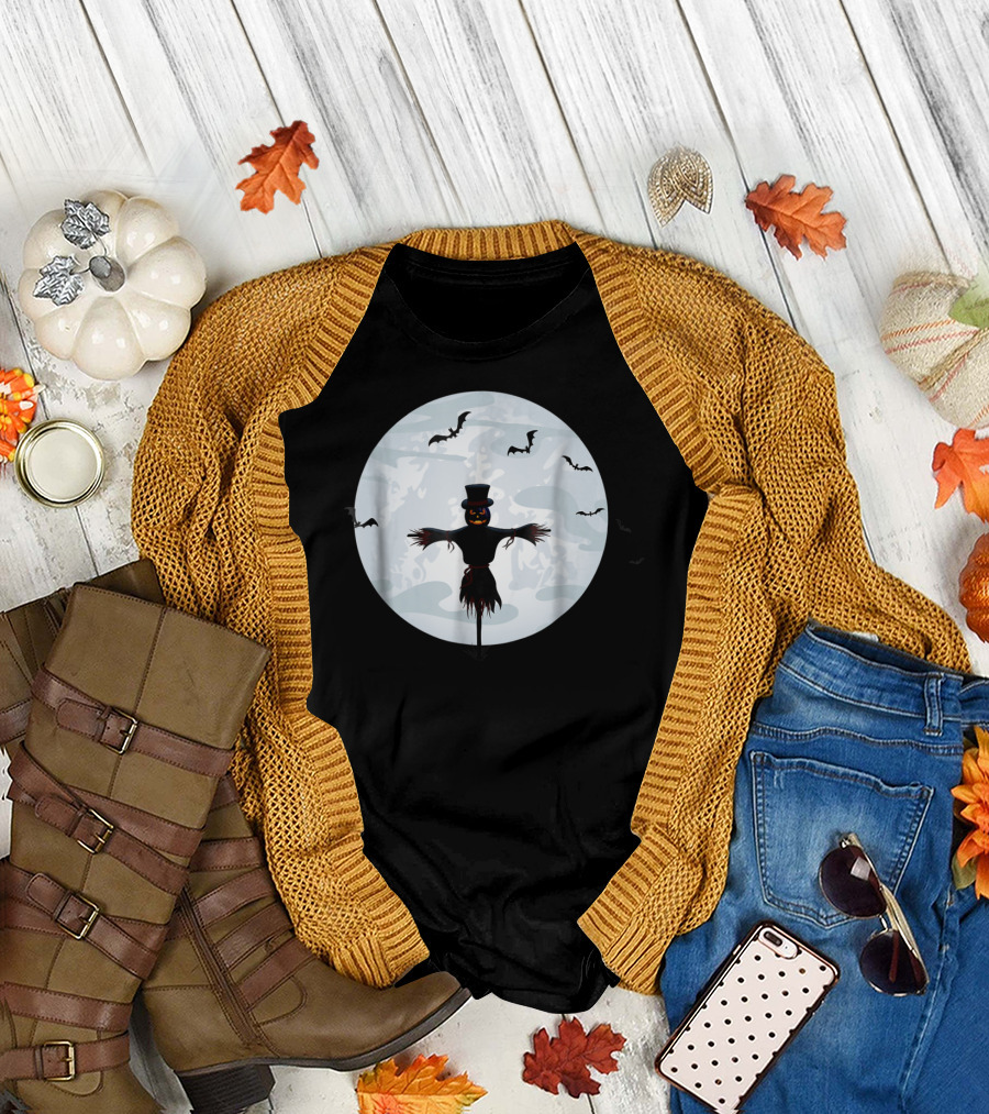 Spooky Halloween Scarecrow with Full Moon and Flying Bats T-Shirt