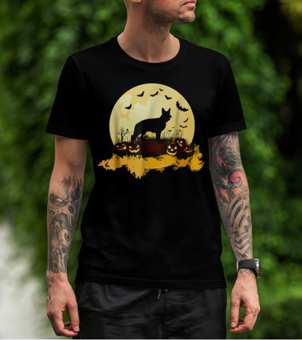 German Shepherd Silhouette Halloween Full Moon Pumpkins Bats T-Shirt