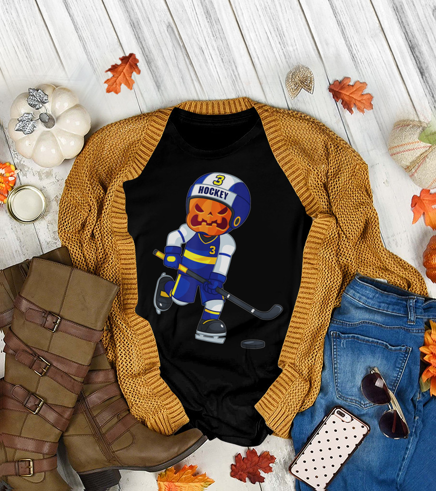 Hockey Player Pumpkin Head Halloween Scary Ice Skating T-Shirt