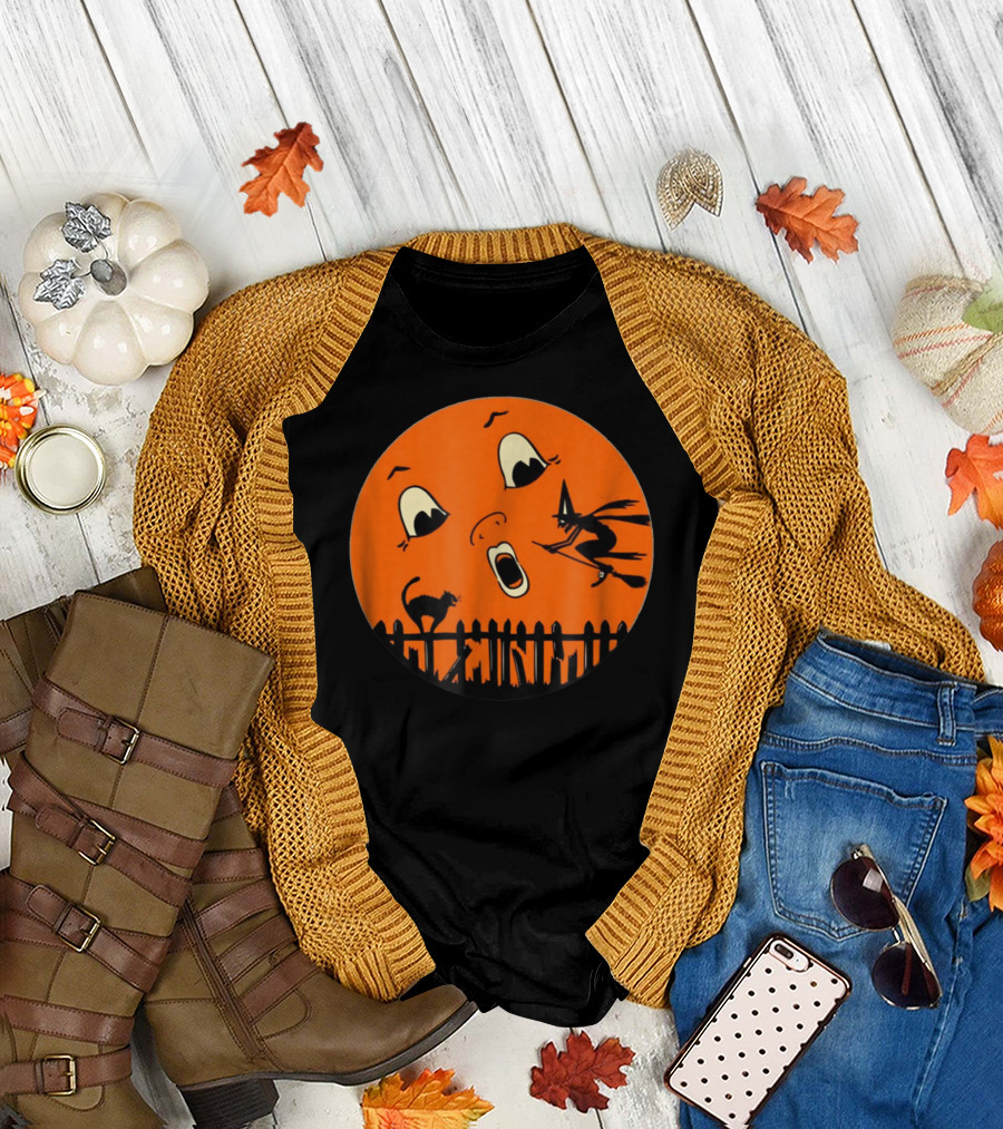 Halloween Moon Witch Black Cat Fence Spooky Duds T-Shirt