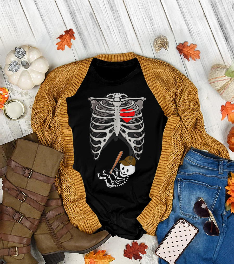 Skeleton Ribcage with Heart and Baseball Pitcher Skeleton Baby Halloween T-Shirt