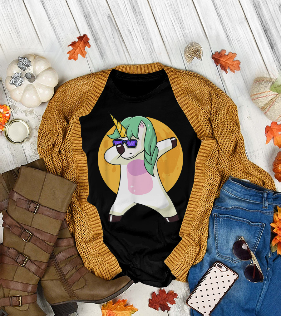 Halloween Unicorn Dabbing Magic Mane Moon Background T-Shirt