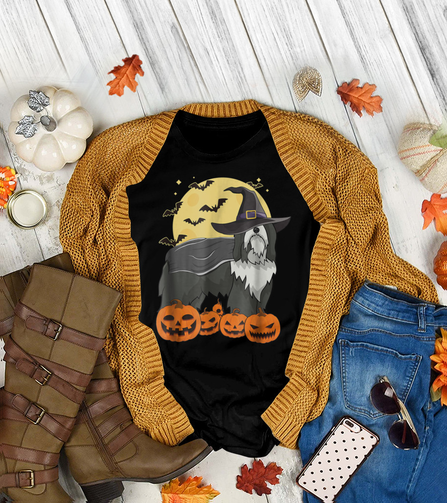Happy Halloween Bearded Collie Witch with Jack-O'-Lanterns and Bats T-Shirt