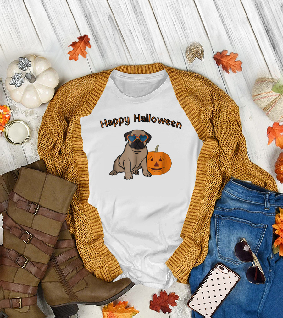 Happy Halloween Pug Wearing Heart Sunglasses with Pumpkin T-Shirt