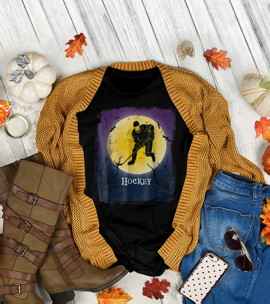 Hockey Player Halloween Moon Vintage Style with Bats T-Shirt