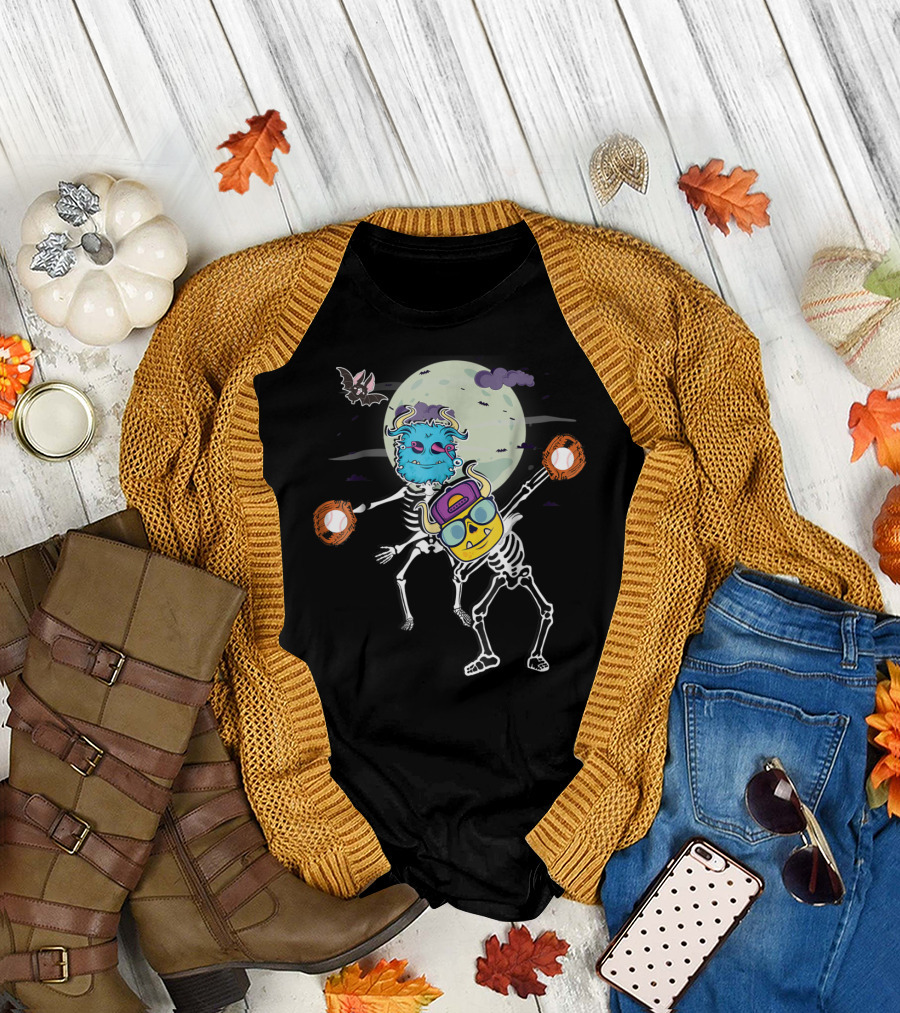Halloween Skeletons Flossing and Dabbing with Baseball Gloves in Moonlit Scene T-Shirt