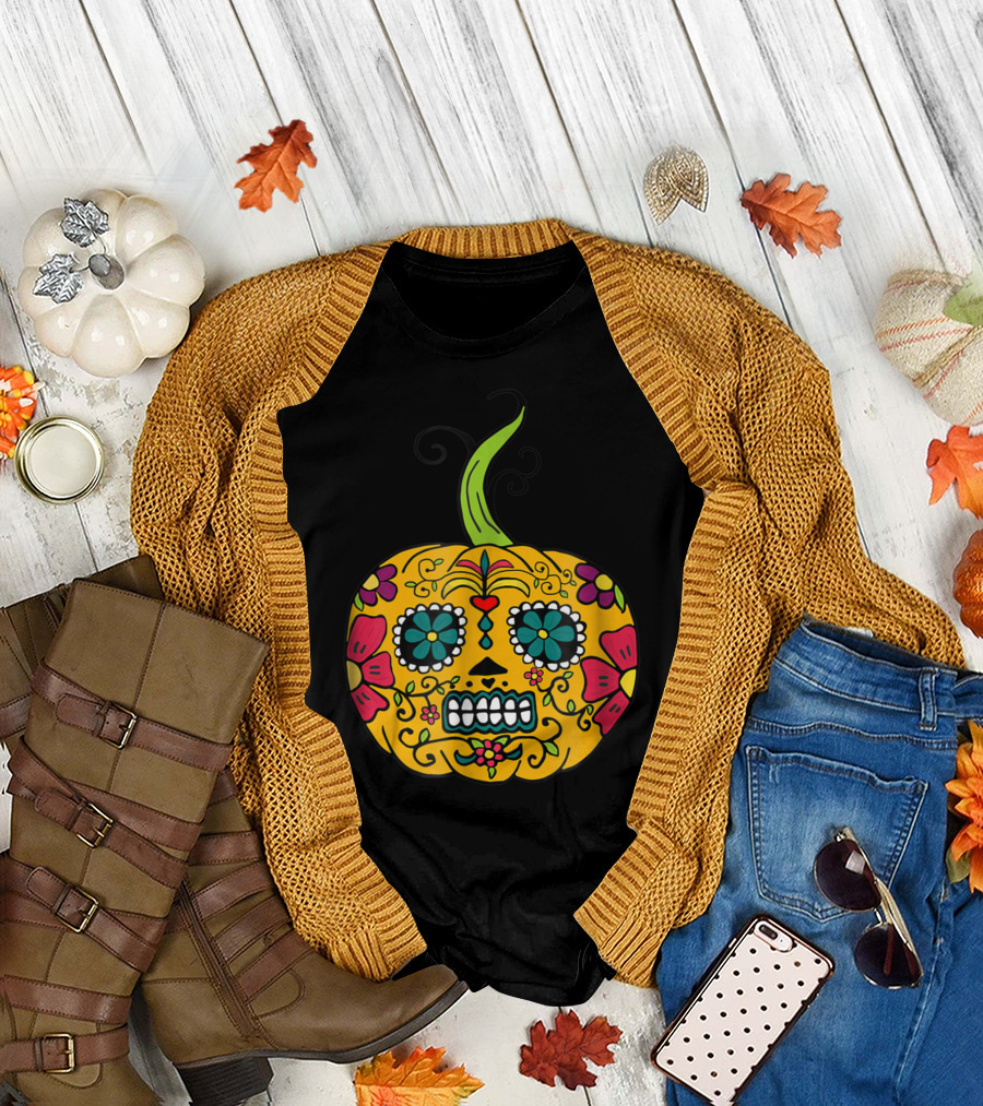 Halloween Sugar Skull Pumpkin Face Costume T-Shirt