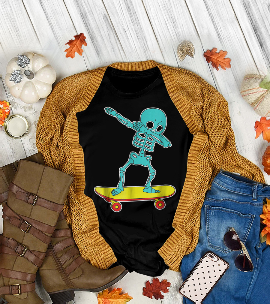 Halloween Skeleton Dabbing on Skateboard T-Shirt