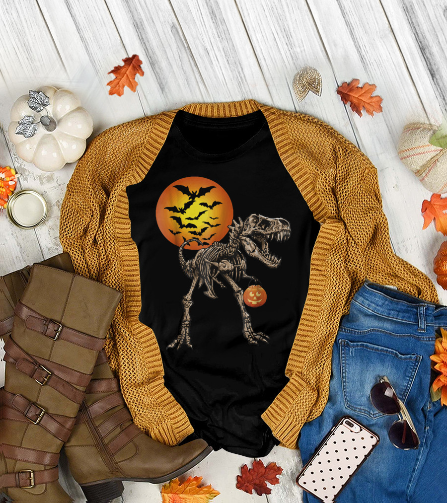 Halloween Dinosaur Rex Skeleton with Pumpkin and Bats Moon T-Shirt