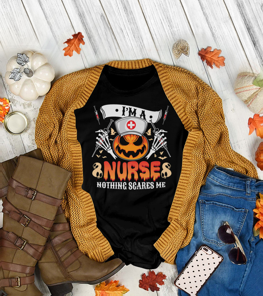 I'M A NURSE NOTHING SCARES ME Halloween Pumpkin Skeletons T-Shirt