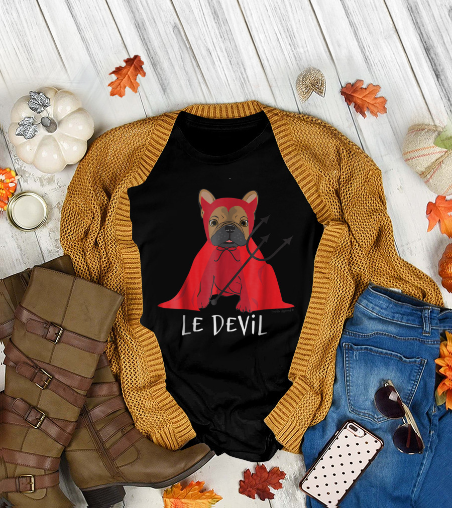 Le Devil Cute French Bulldog in Red Cape with Pitchfork T-Shirt