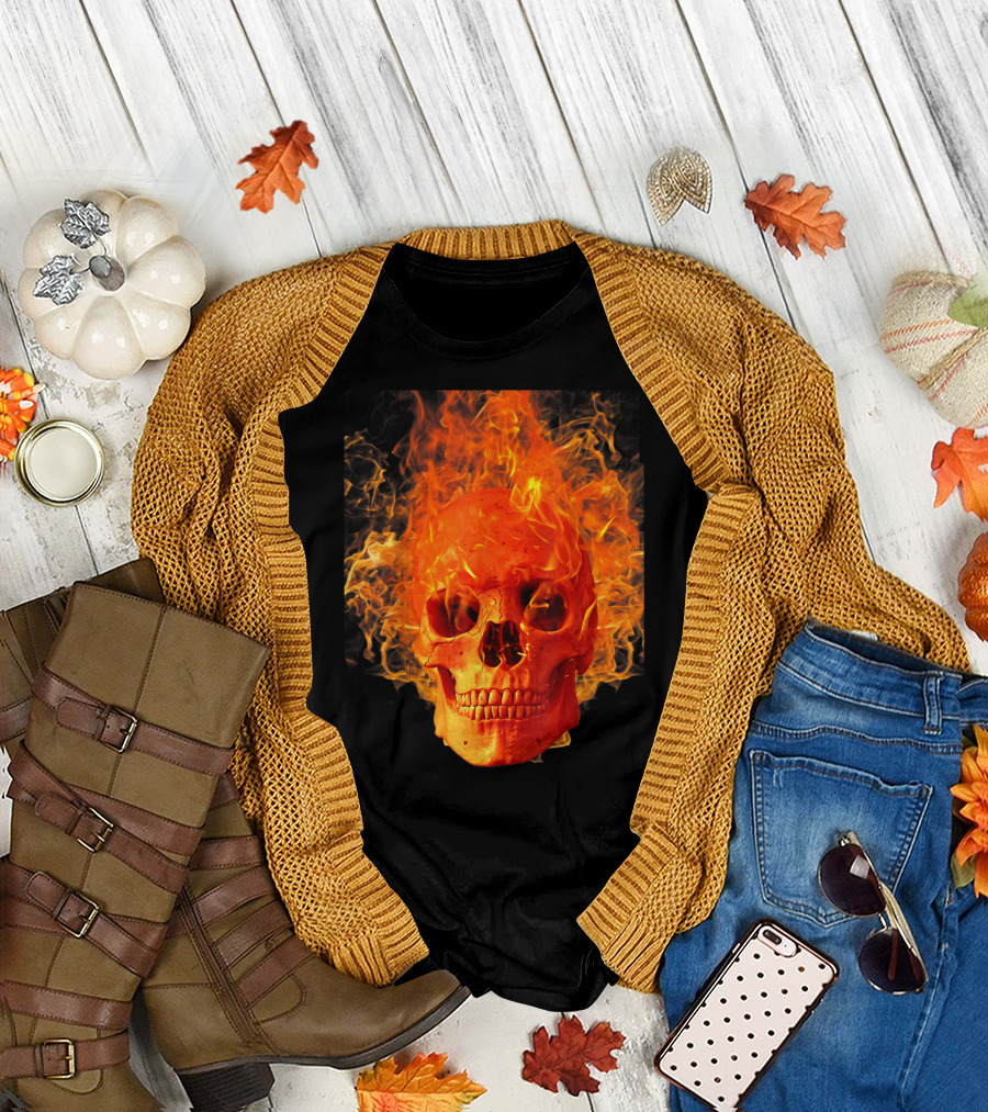 Men's Fiery Skull Day Of Dead Sugar Skulls And Roses T-Shirt