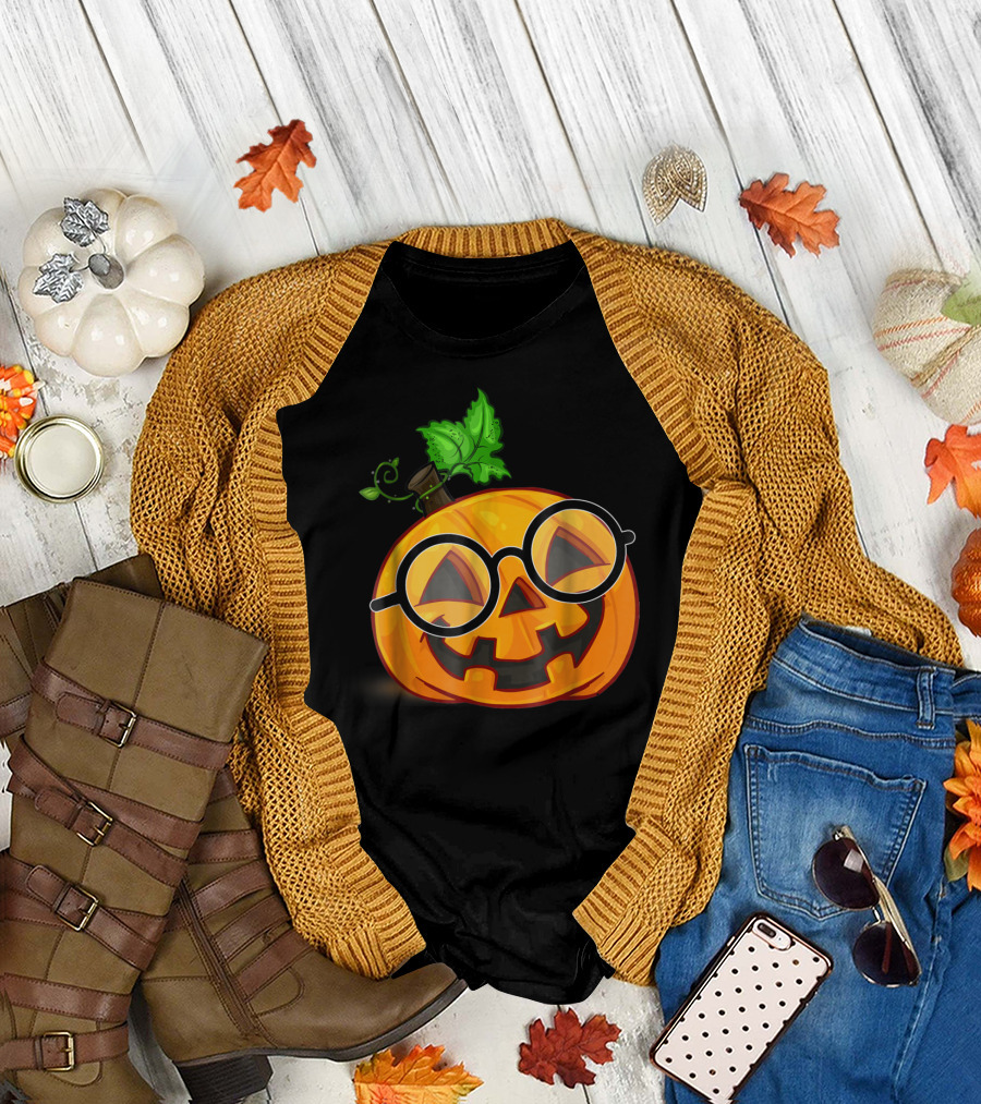 Nerdy Pumpkin Emoji with Glasses Iconic Halloween Jack-O'-Lantern T-Shirt