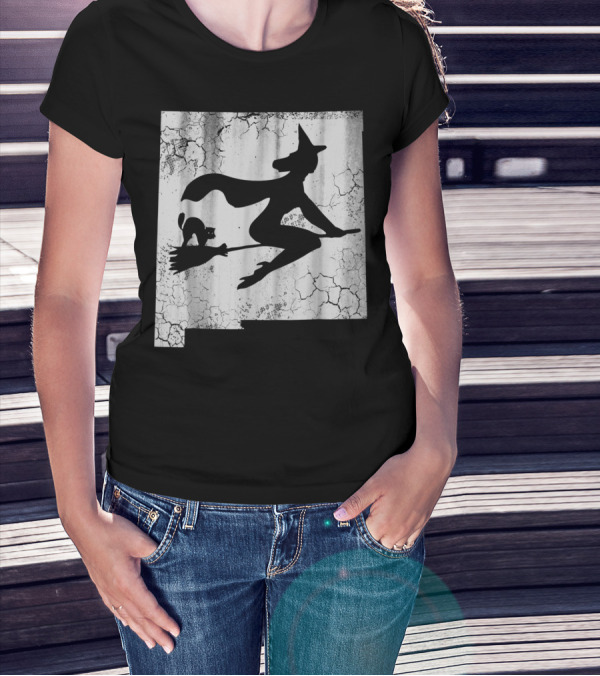 New Mexico Halloween Witch With Cat On Broom T-Shirt