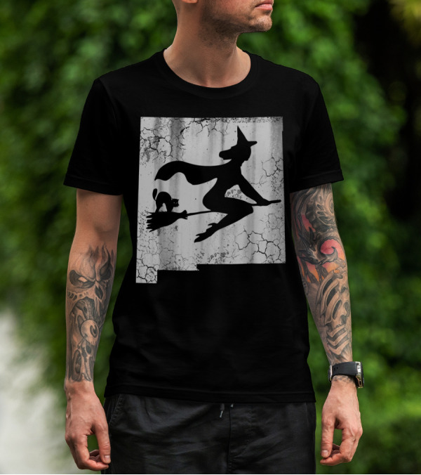 New Mexico Halloween Witch With Cat On Broom T-Shirt