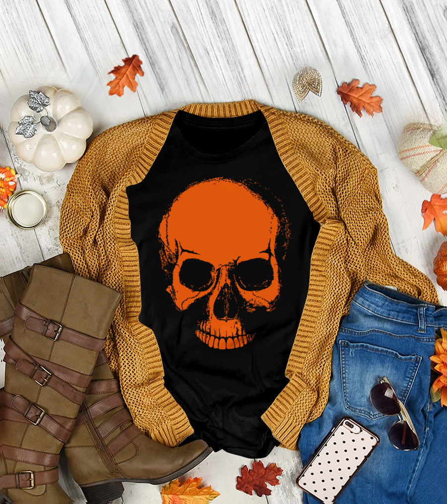 Orange Skeleton Skull Halloween Head T-Shirt