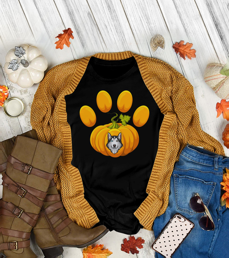Paw Print Pumpkin Halloween Siberian Husky Pawpkin T-Shirt