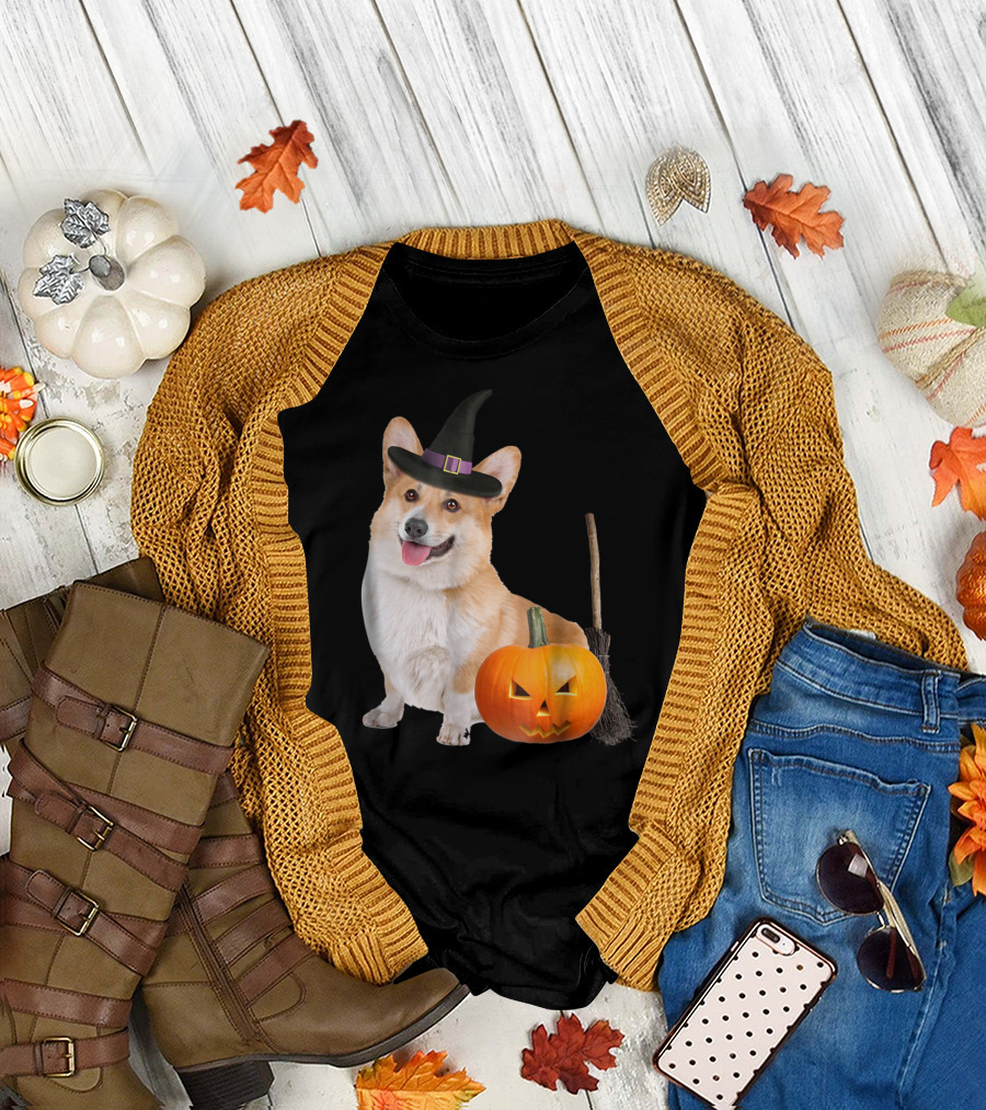 Pembroke Welsh Corgi Witch Hat Halloween Dog Pumpkin Broom T-Shirt