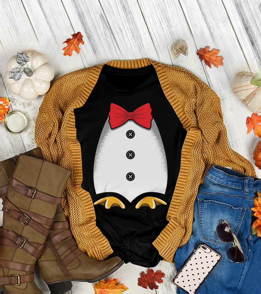 Penguin Tuxedo Red Bow Tie Yellow Feet Black Buttons T-Shirt