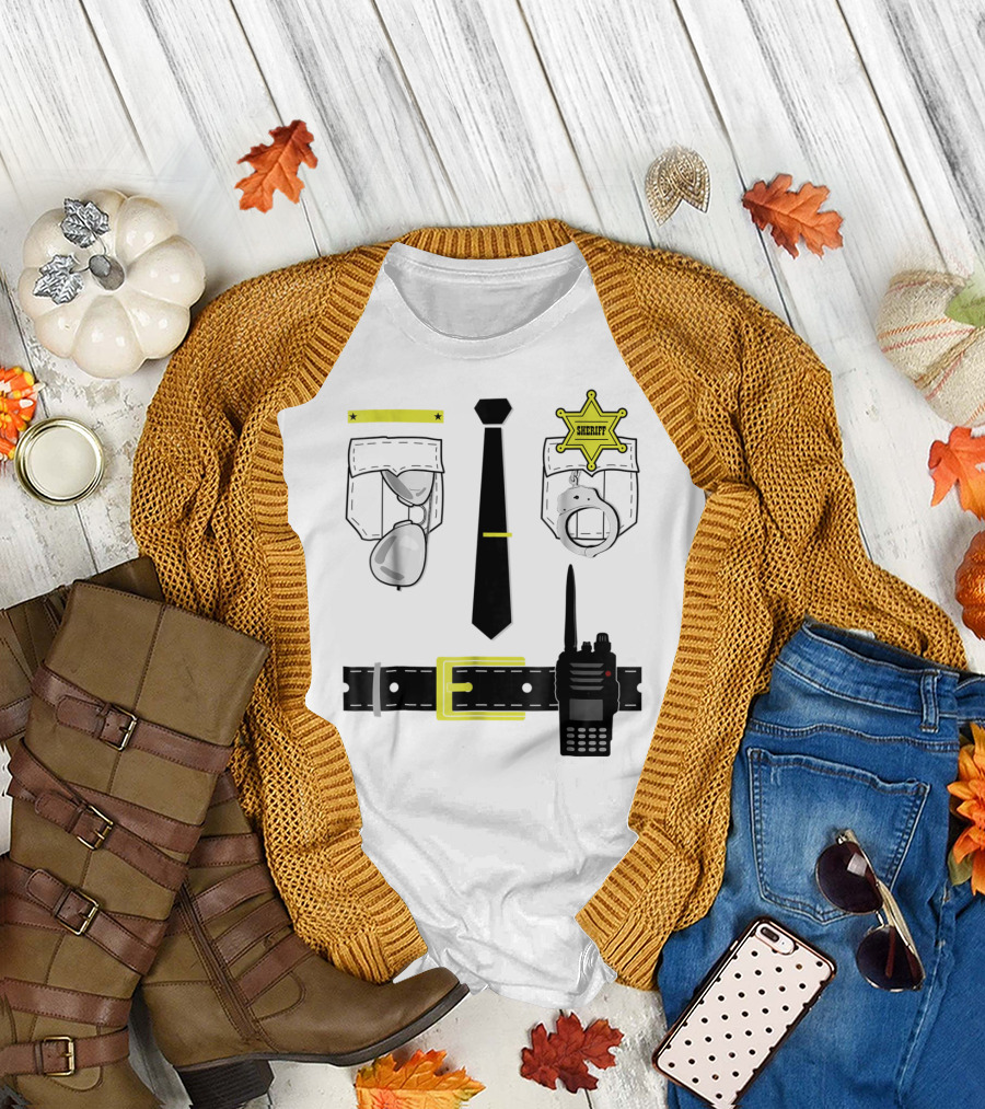 Police Uniform Sheriff Badge Handcuffs Sunglasses Radio Belt Tie T-Shirt