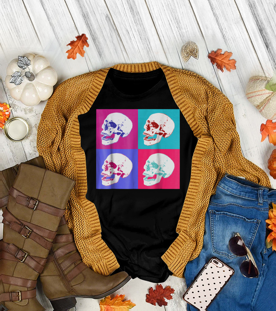 Pop Art Colorful Skull Warhol Style Quadrant T-Shirt