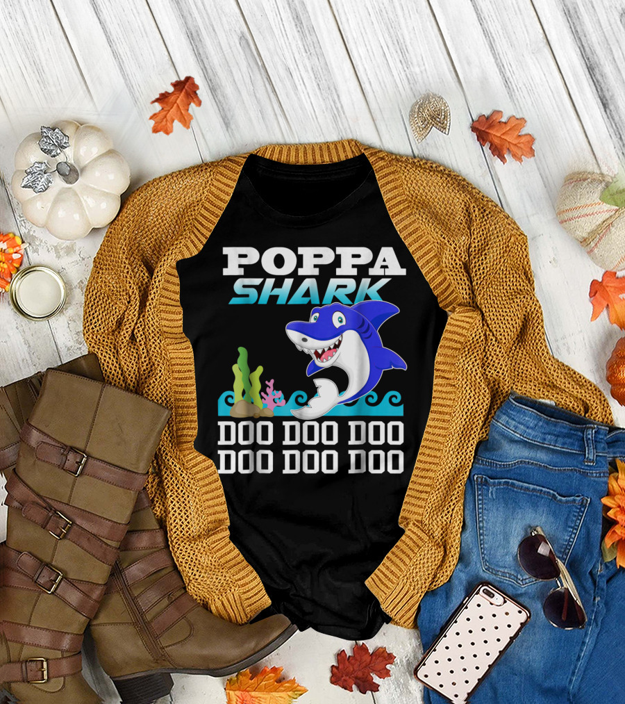 Poppa Shark Doo Doo Doo Blue Cartoon Ocean Scene T-Shirt