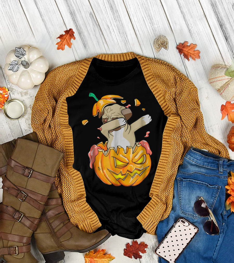 Pug Dabbing in Jack-o'-Lantern Halloween Pumpkin Dab Dance T-Shirt