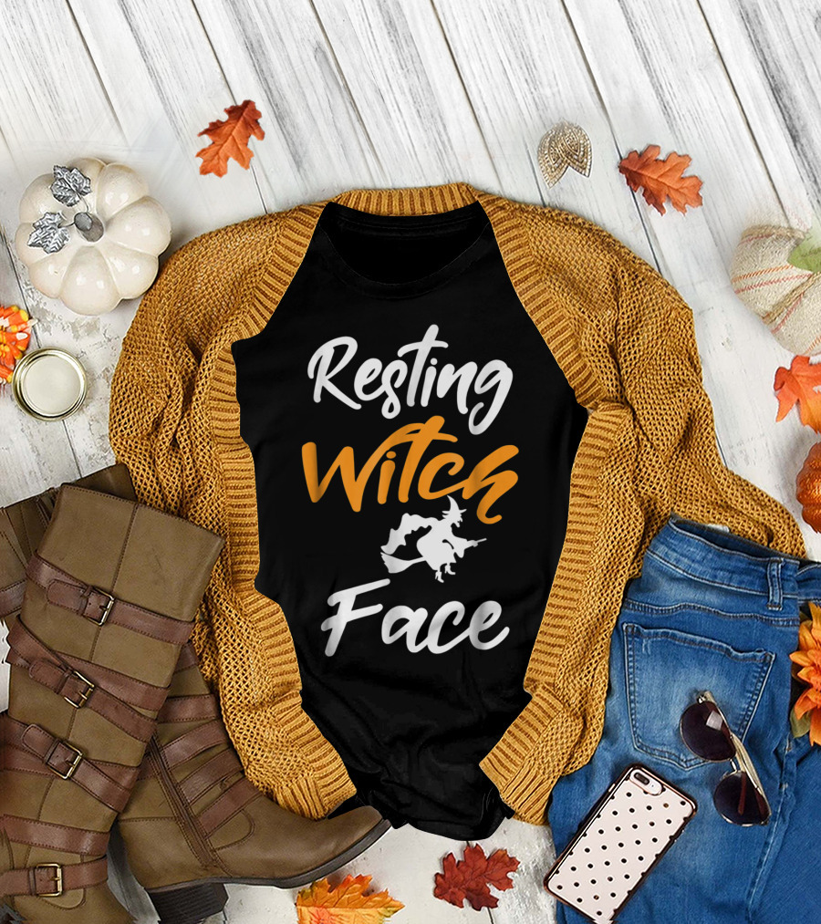 Resting Witch Face Funny Halloween Witch Pun with Flying Witch T-Shirt