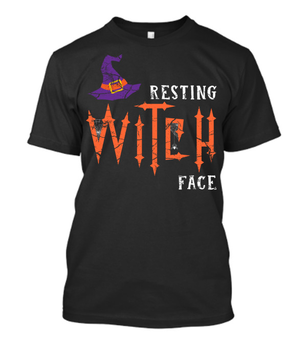 Resting Witch Face Halloween Purple Hat And Spider T-Shirt