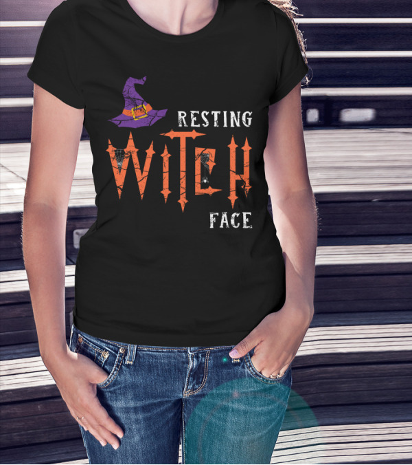 Resting Witch Face Halloween Purple Hat And Spider T-Shirt