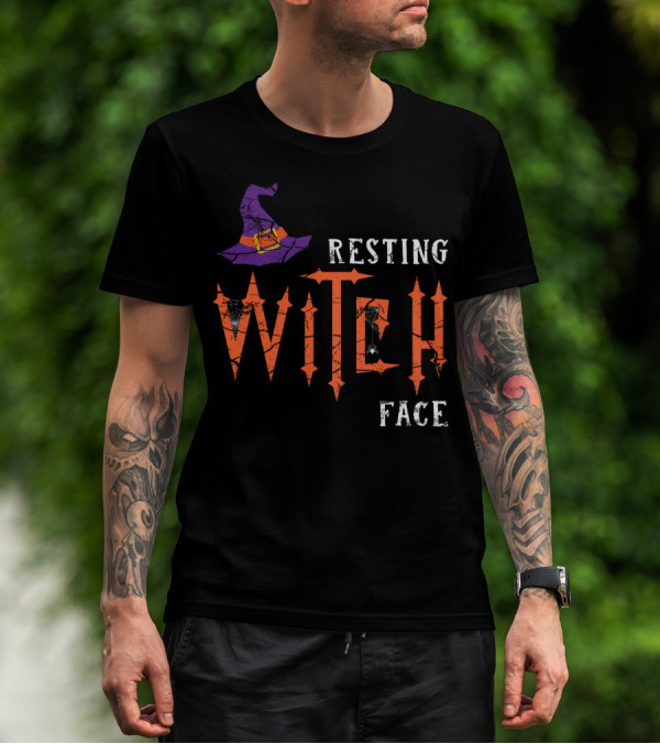 Resting Witch Face Halloween Purple Hat And Spider T-Shirt