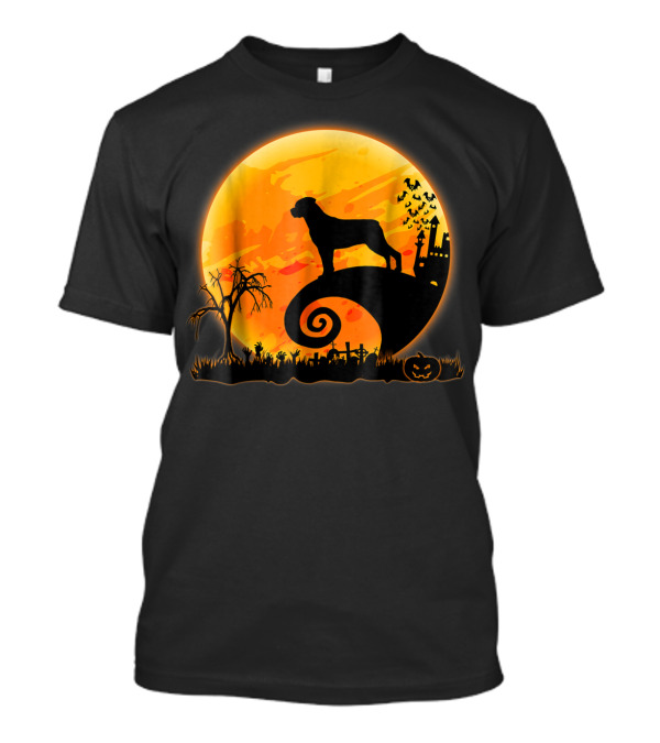 Rottweiler Dog Silhouette And Halloween Moon Scene T-Shirt