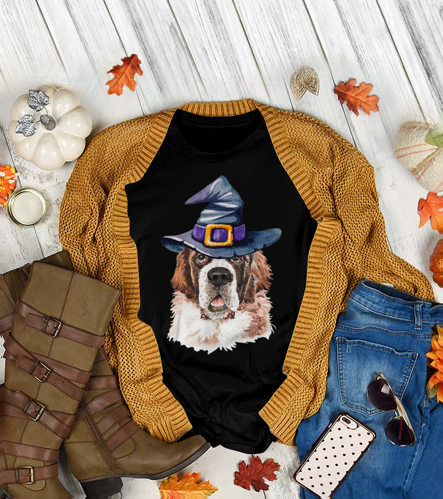 Saint Bernard Witch Hat Halloween Dog Lovers T-Shirt