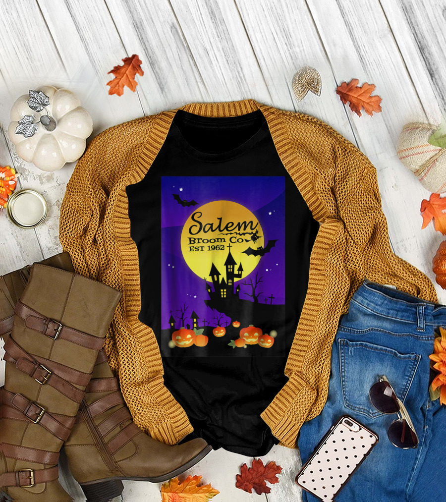 Salem Broom Co EST 1962 Halloween Pumpkins and Bats Haunted House Moonlit Scene T-Shirt