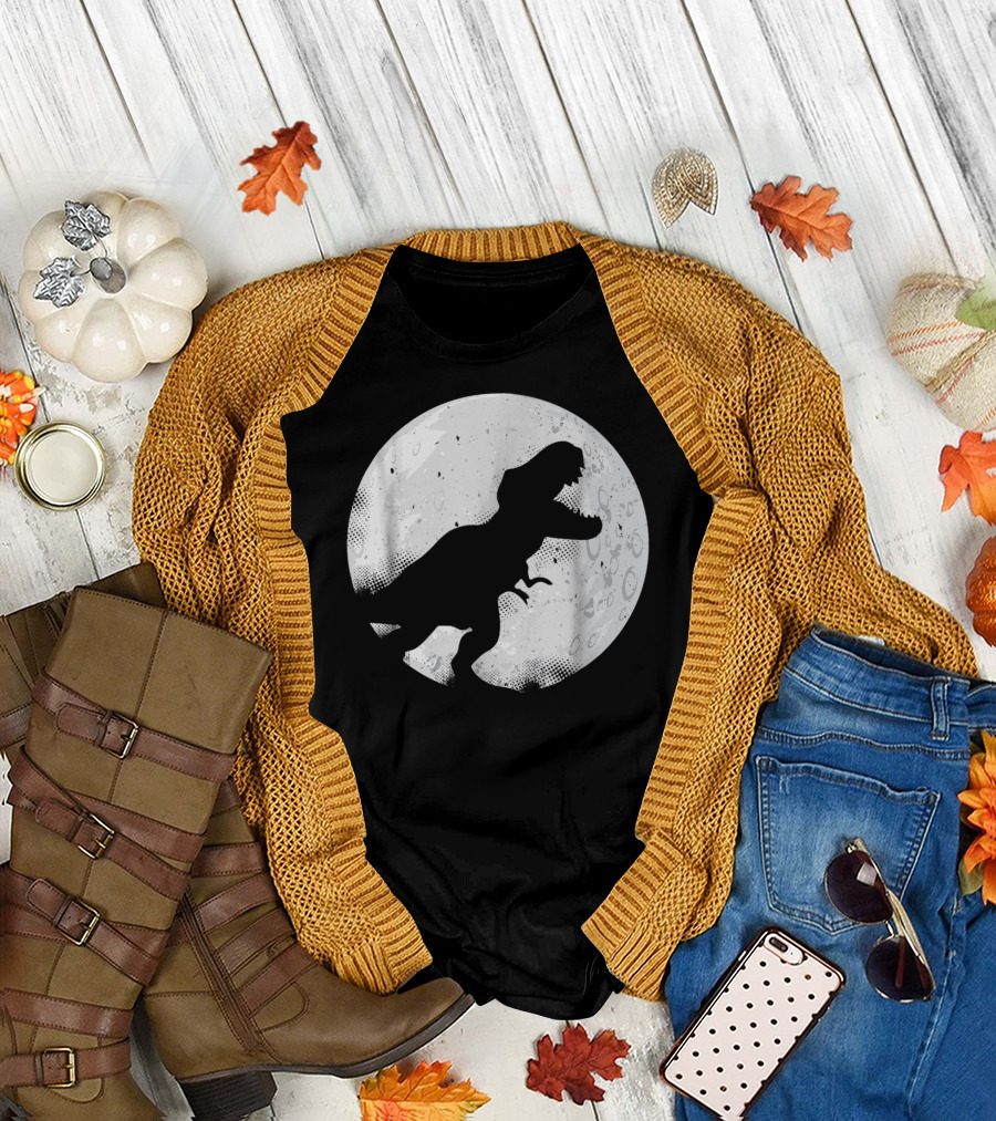 Saurus Rex Dinosaur Silhouette Against Moon Halloween T-Shirt