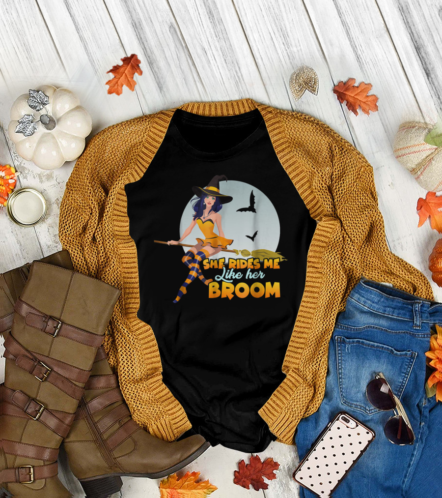 She Rides Me Like Her Broom Witch Full Moon Bats T-Shirt